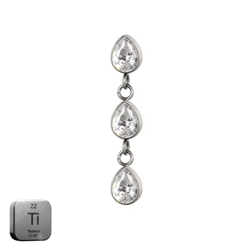 Natural Titanium 16G (1.2mm) Internally Threaded Marquise Double Drop Dangling Piercing Stud