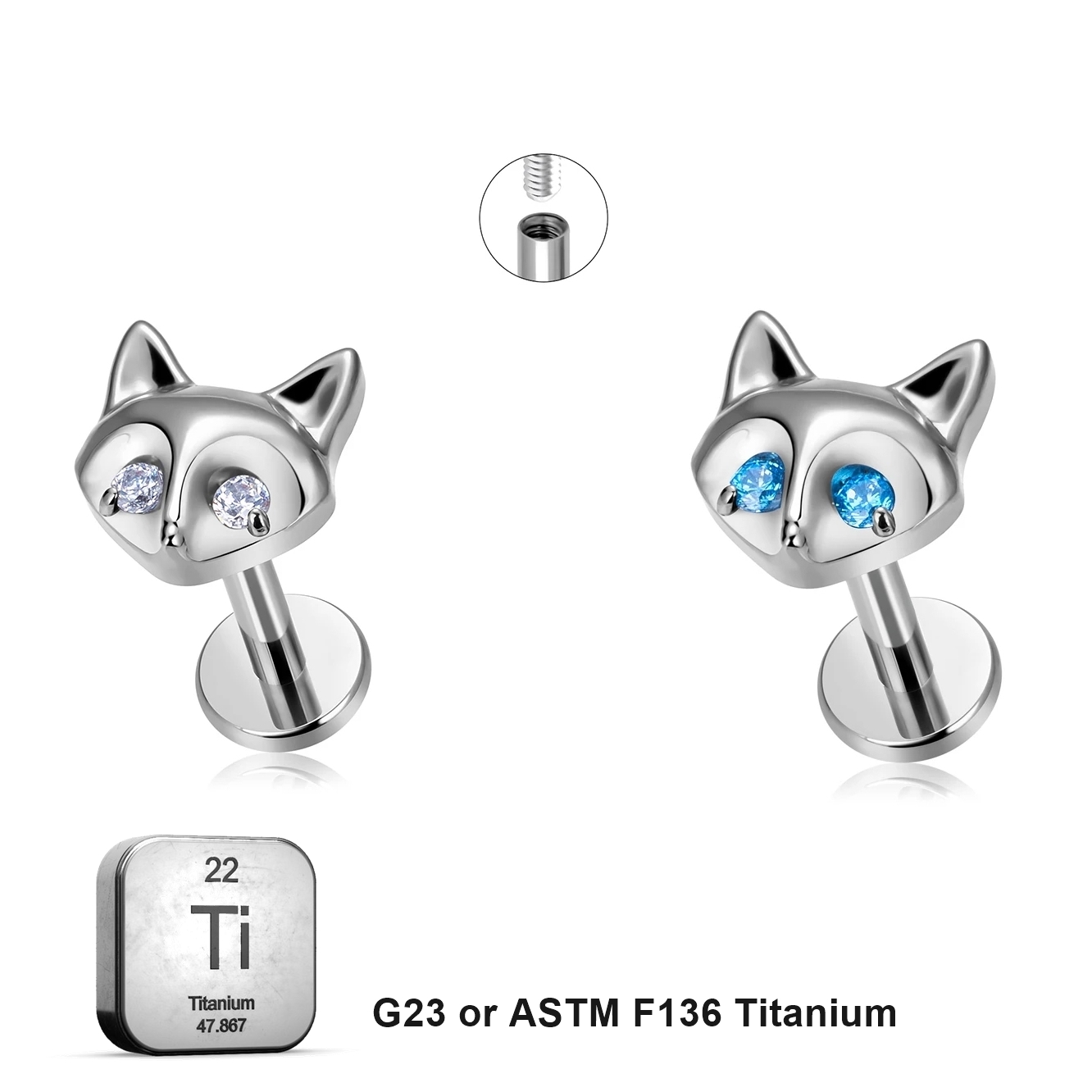 LAB_Cat_01 ASTM F136 Titanium 16G (1.2MM) Internally Threaded Cat Face Piercing Stud