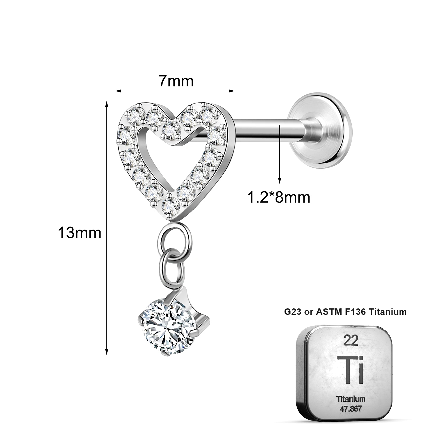 Lab_Dangling_03 ASTM F136 Titanium 16G (1.2mm) Internally Threaded Dangling Heart Piercing Jewelry