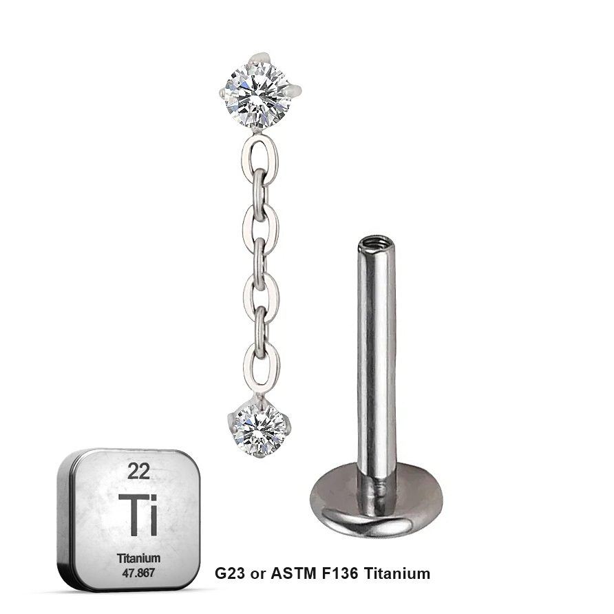 Lab_Dangling_06 ASTM F136 Titanium 16G (1.2mm) Internally Threaded Dangling Dual Stone Piercing Jewelry