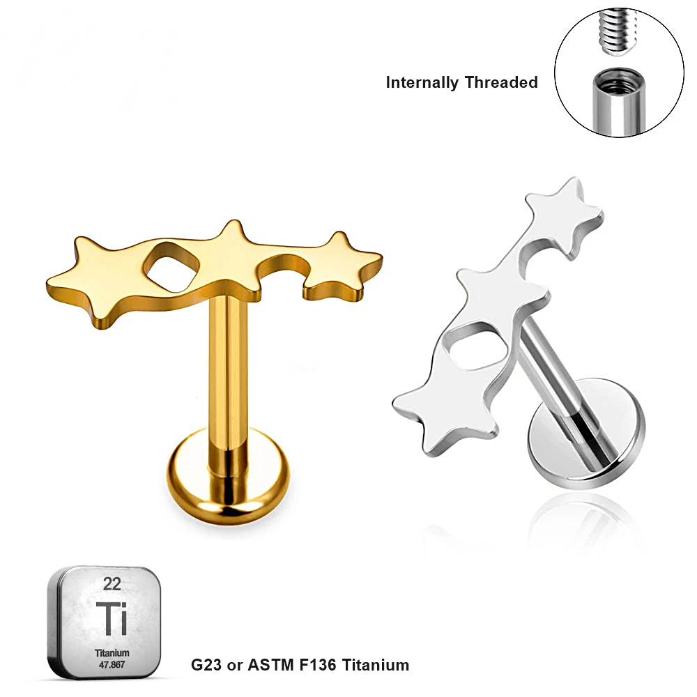 LAB_Star_04 ASTM F136 Titanium 16G (1.2MM) Internally Threaded Triple Star Piercing Stud