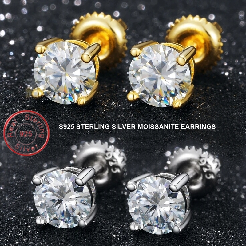 0.1 to 1CT Moissanite Stone Round Stud Earrings For Women Men