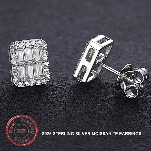 VVS1 Baguette Moissanite Square Stud Earrings For Women Men