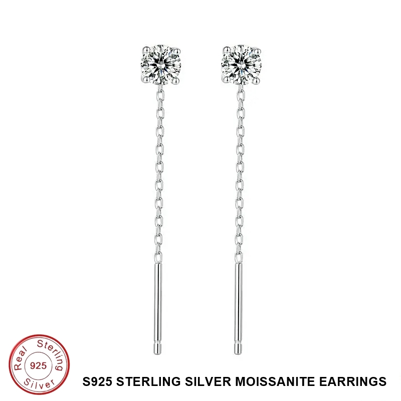 Threader/Drop Earrings Moissanite Platinum Plated 5mm Stone, 40mm Thread