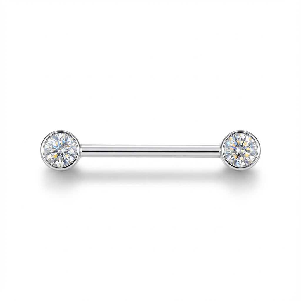 18K White Gold D-Color Moissanite Nipple Barbell – Internally Threaded (Adjustable Length, Sold Per Piece) 