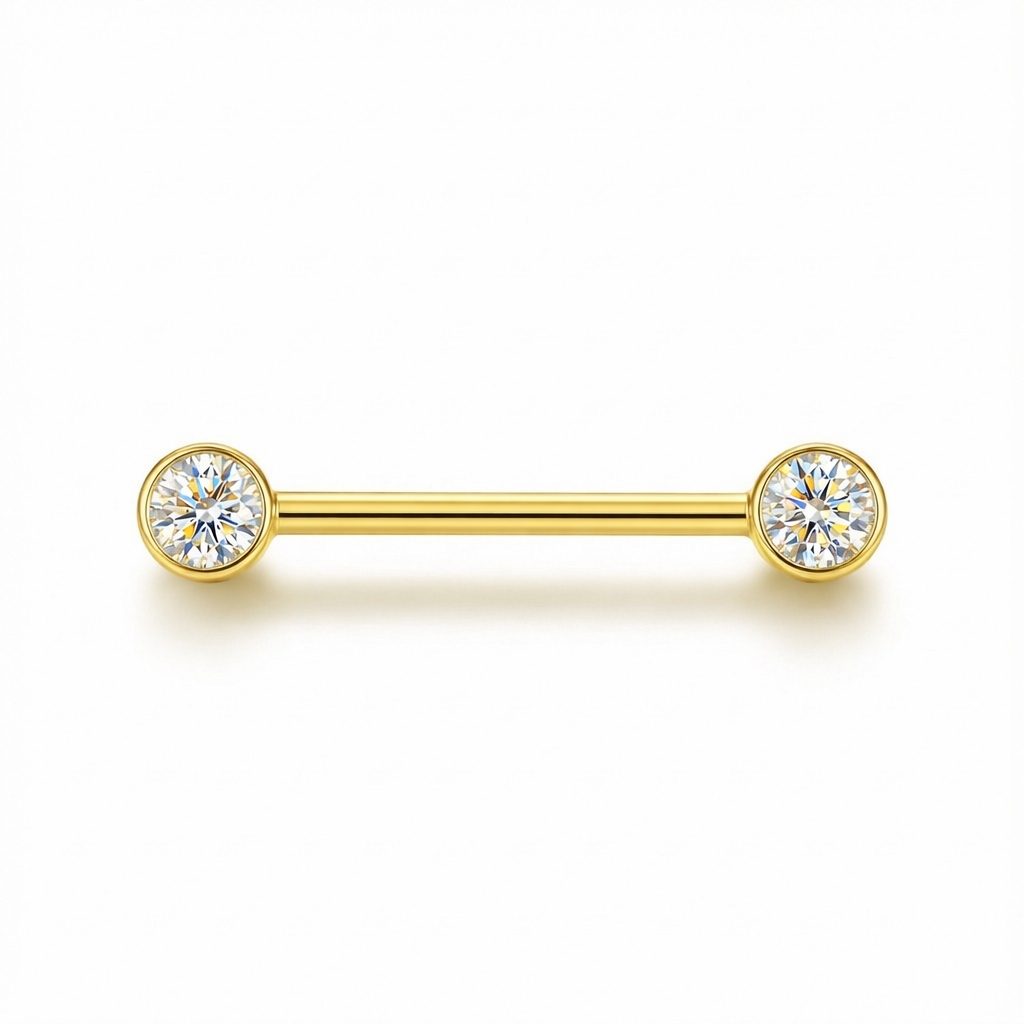 18K Yellow Gold D-Color Moissanite Nipple Barbell – Internally Threaded (Adjustable Length, Sold Per Piece) 