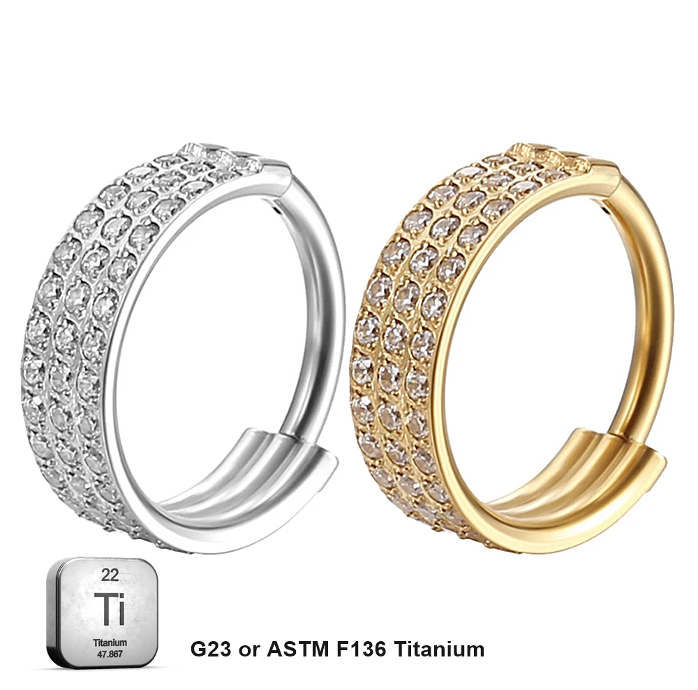 Ring_GPSS_03 ASTM F136 Titanium 16G (1.2MM) Hinged Lock Crystal Studed Silver Golden Ring Hoop Piercing