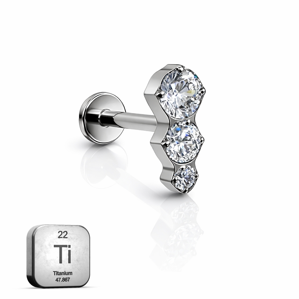 Triple CZ Titanium Flat Back Stud