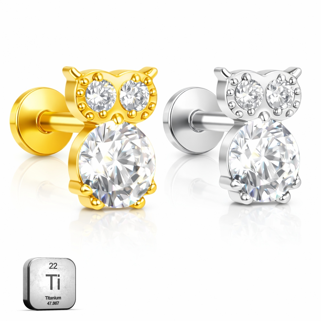 Owl Design Titanium Flat Back Stud – CZ Stones