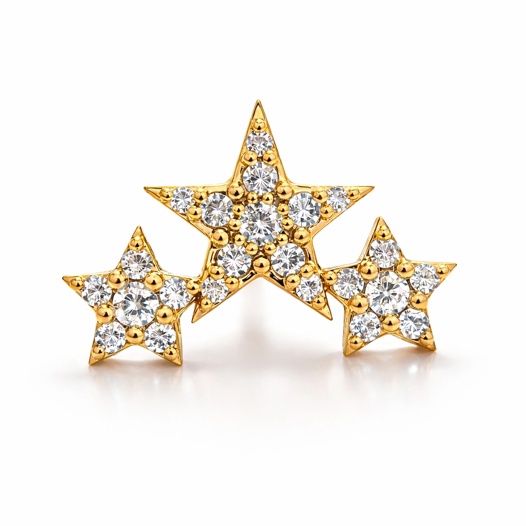 18K Yellow Gold Triple Star Moissanite Threaded End – 16G (Sold Per Piece)