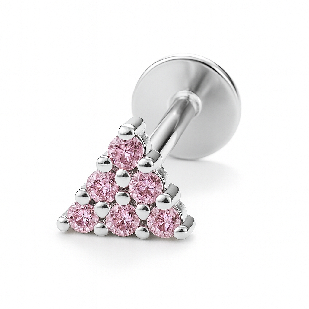 18K White Gold Pink CZ Triangle Stud – Internally Threaded (Sold Per Piece)