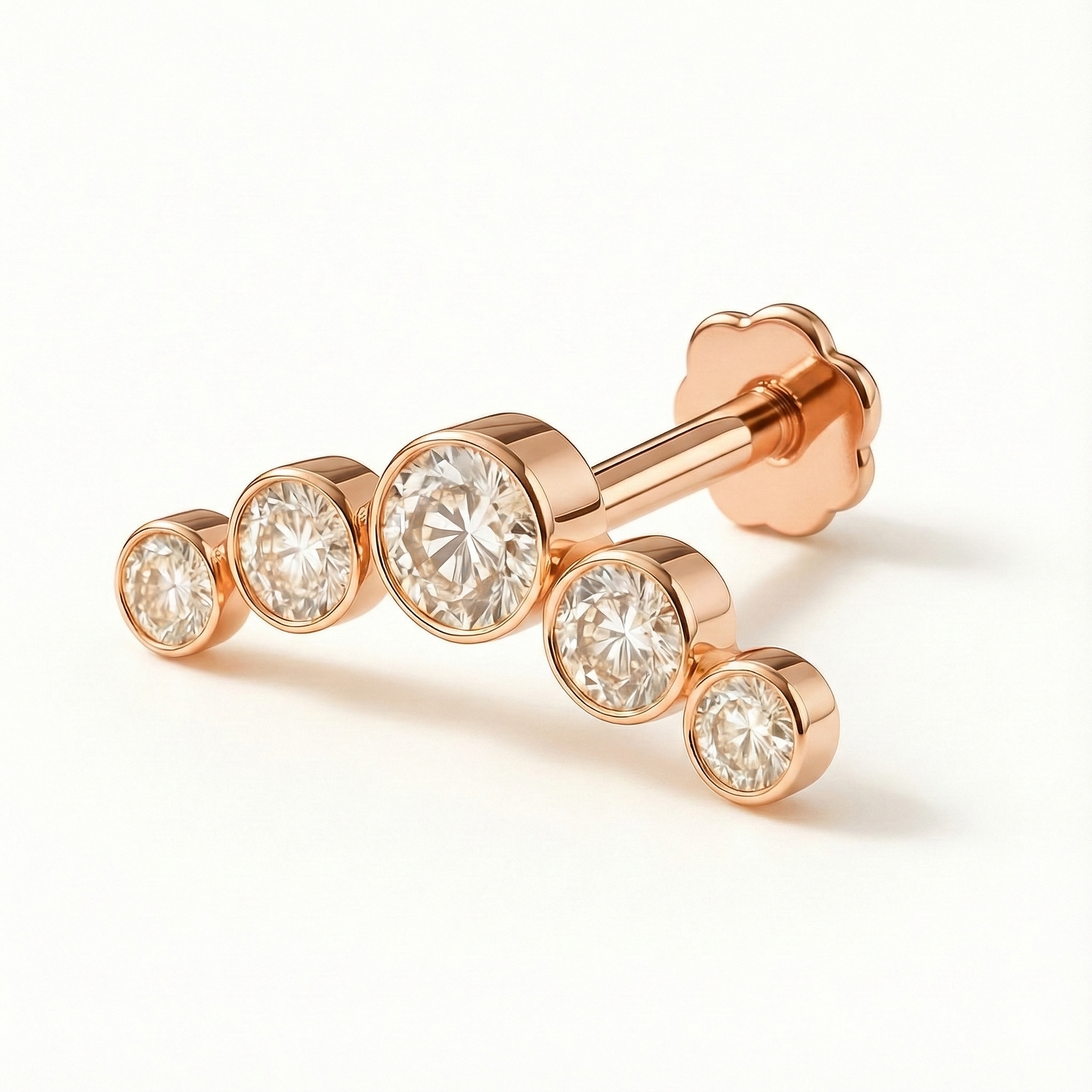 18K Rose Gold Bezel-Set Moissanite Cascade Stud – Internally Threaded (Sold Per Piece)