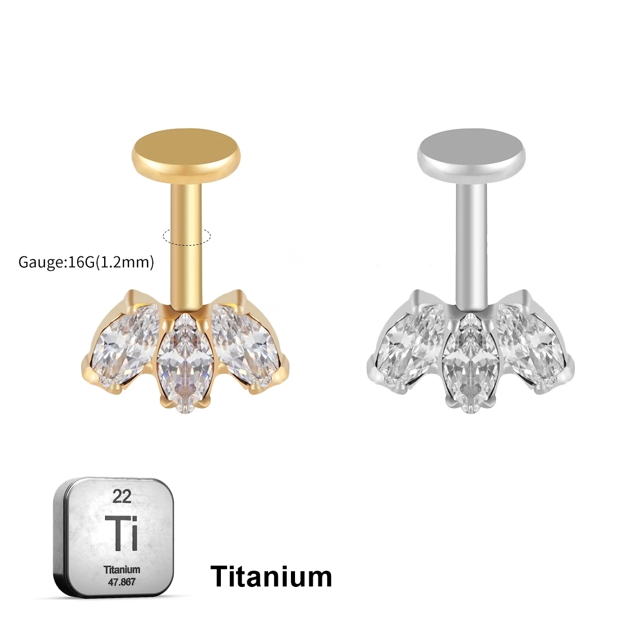 Vertical Helix Titanium Jewelry – 3 CZ Marquise Cluster