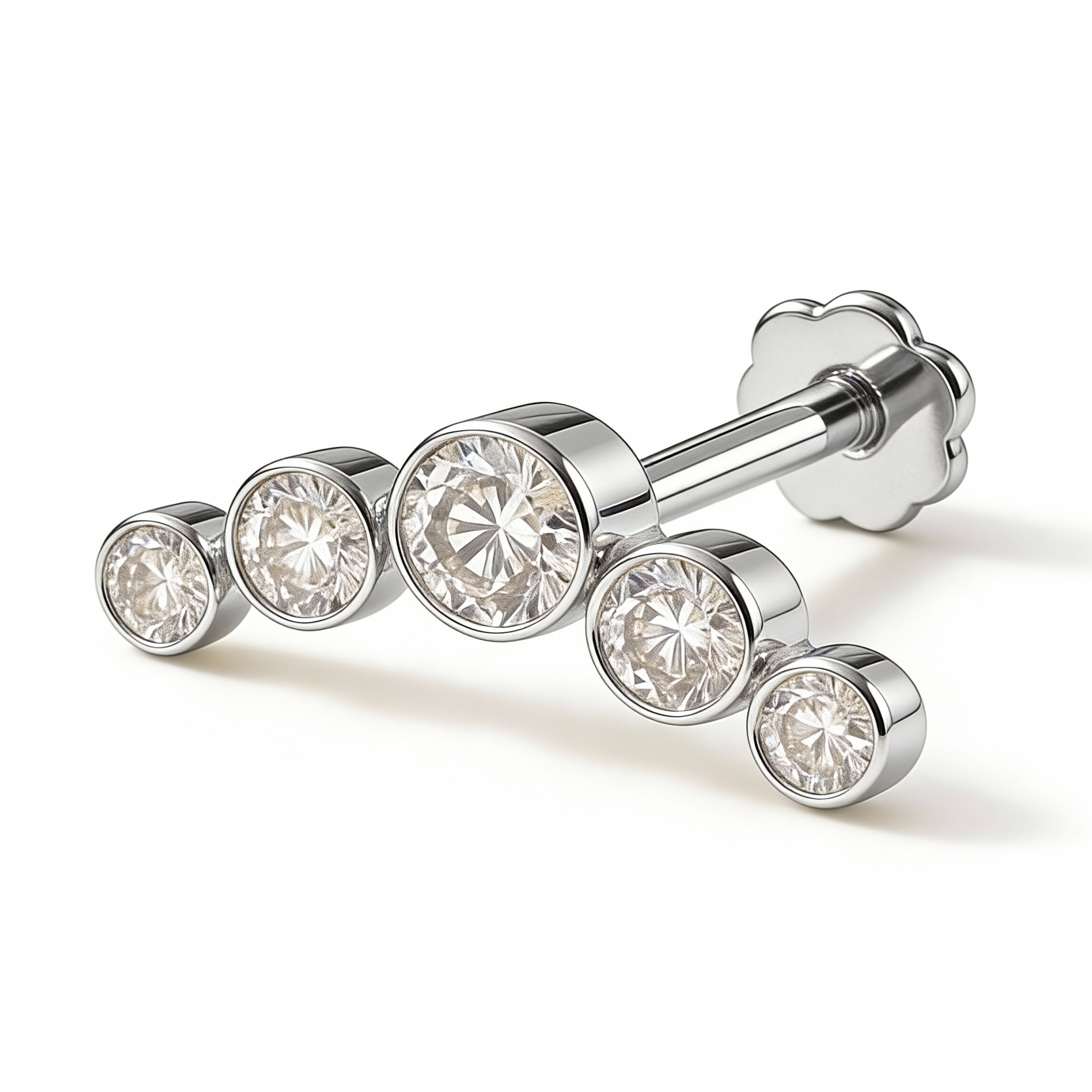 18K White Gold Bezel-Set Moissanite Cascade Stud – Internally Threaded (Sold Per Piece)